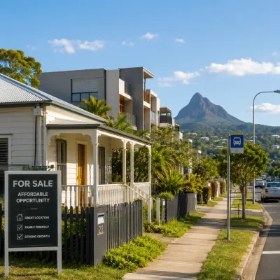 Affordable Sunshine Coast home near modern townhouses, public transport and the Glass House Mountains, representing budget-friendly suburbs to buy in 2026.