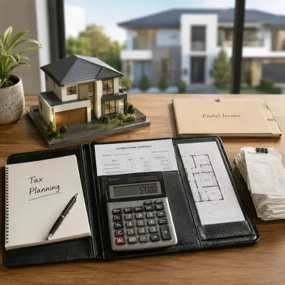 Australian investment property tax planning setup with calculator, depreciation schedule, receipts, rental income records, and property documents for tax management.