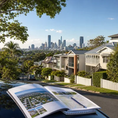 Leafy Brisbane suburban street with modern homes, the city skyline in the distance and an open property guide in the foreground, representing affordable investment research under $700k.