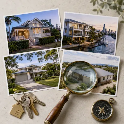 Queensland investment properties arranged for comparison with a magnifying glass, keys and compass, representing the key criteria investors should assess when choosing a buyers agent in QLD.