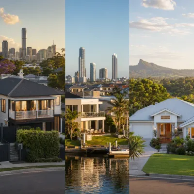 Brisbane character home, Gold Coast waterfront property and Sunshine Coast hinterland house representing Queensland investment locations for growth, lifestyle and rental returns in 2026.