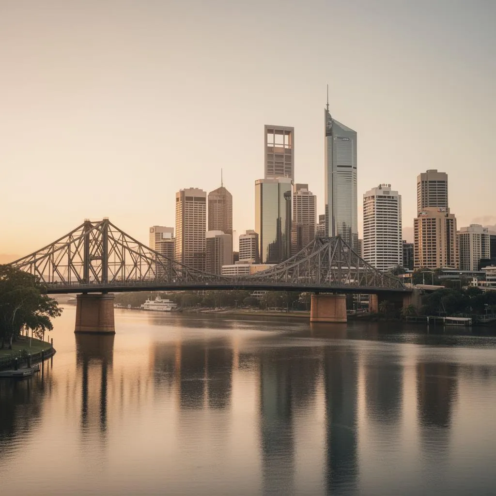 Brisbane skyline and the Story Bridge over the river at golden hour