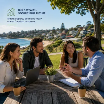 Property buyers meeting with a buyers agent outdoors overlooking a coastal suburb, discussing a long-term property investment strategy.