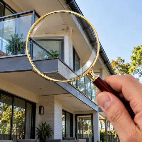Magnifying glass held up to the balcony and eaves of a two-storey Queensland home during a pre-purchase inspection