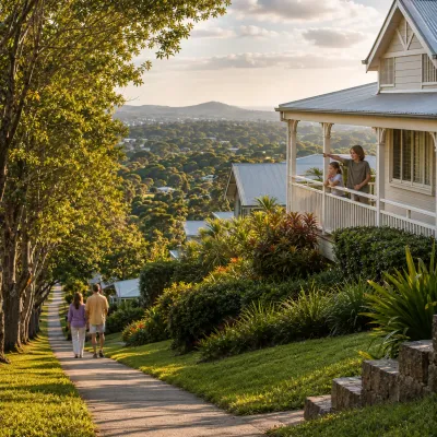 Family-friendly Buderim hillside street with a couple walking along a leafy footpath while their children watch from the porch of a Queensland-style home.