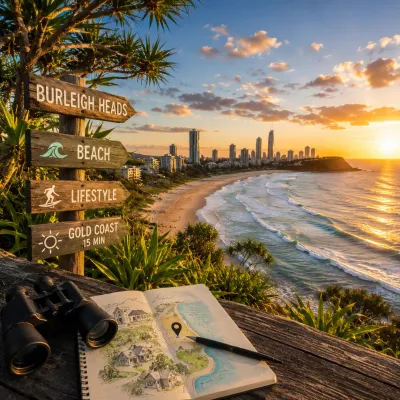 Heads coastline at golden hour with the beach, headland and Gold Coast skyline, representing the suburb’s coastal lifestyle and property appeal for buyers.