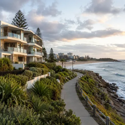 Caloundra beachfront apartments, coastal walkway and ocean views representing the suburb’s lifestyle appeal and property investment opportunities.