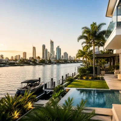 Luxury waterfront property with a private pool, boat jetty and Gold Coast skyline, representing prestige real estate in Mermaid Beach and Mermaid Waters.