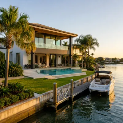 Luxury Minyama waterfront home with a swimming pool, private jetty and moored boat, representing the suburb’s premium property market.