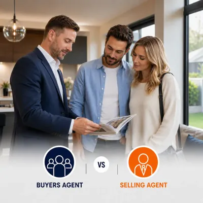 A buyers agent presenting a property brochure to a couple inside a modern home, comparing buyers agent and selling agent roles during a purchase.