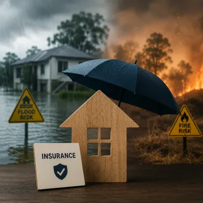 Model house protected by an umbrella with flood, fire and insurance symbols, representing climate risks when buying a resilient home.