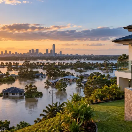 Flooded homes in a low-lying Queensland suburb, seen from a house on higher ground, with a city skyline behind