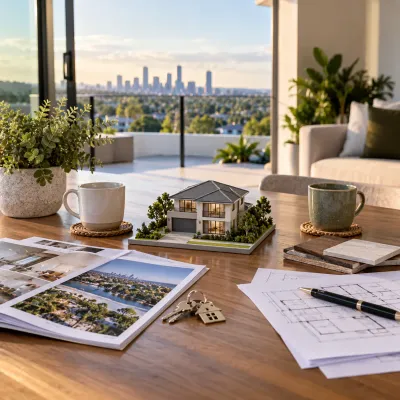 Shared property planning setup with a model home, two coffee cups and property documents, representing couples or family members making a house purchase decision together.