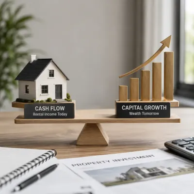 Property investment strategy display comparing cash flow and capital growth, highlighting key considerations for building long-term wealth through real estate.