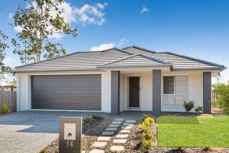 Single-storey rendered home with a double garage and landscaped front path at 14 Lady Musgrave Place, Springfield Lakes