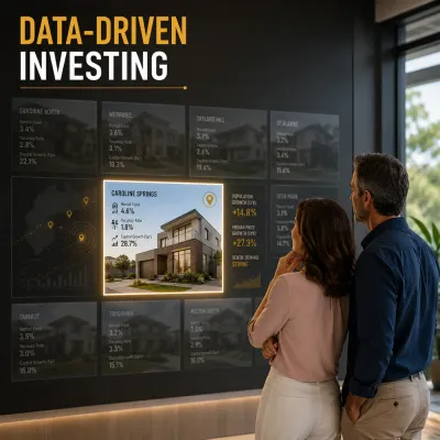 Investor couple analysing data-driven property opportunities on a research wall displaying suburb performance indicators and market trends.