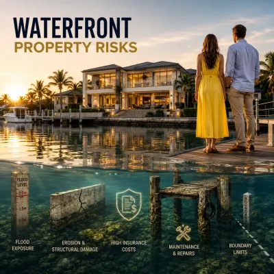 Couple viewing a luxury waterfront home at sunset while hidden risks including flood exposure, seawall damage, maintenance costs and boundary issues are revealed beneath the water surface.