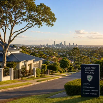 Elevated Brisbane suburb with well-positioned homes above the river and city skyline, representing safer flood-conscious suburb selection for property buyers.