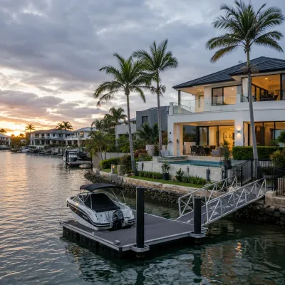 Luxury Gold Coast canal home with a private jetty and boat at sunset, representing waterfront property buying and canal-side lifestyle opportunities.