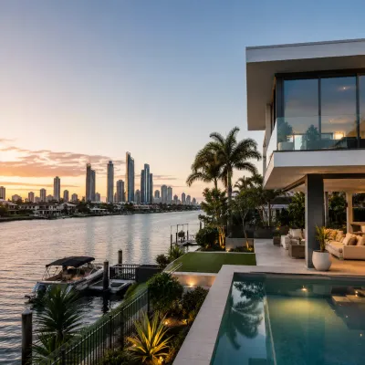 Luxury waterfront home on the Gold Coast with private pool, river frontage, city skyline views, and premium lifestyle features in a high-end property market.