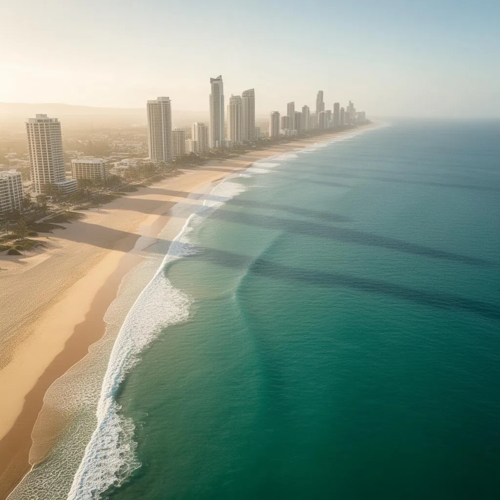 Aerial view of the Gold Coast beach, surf and high-rise skyline