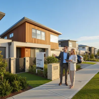 Couple reviewing a property for sale in Australia with real estate agent discussing investment property purchase and deposit requirements