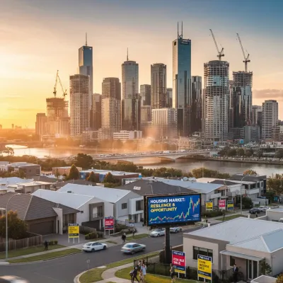 Brisbane skyline with residential homes and housing market billboard showing growth, representing Australia’s 2026 property investment outlook and buying opportunity