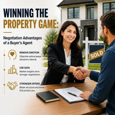 Professional buyer’s agent negotiating a property purchase, shaking hands with a client in front of a sold home, highlighting data-driven negotiation advantages and stronger offers.