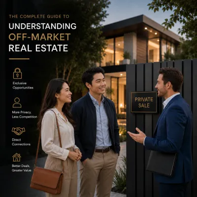 Professional buyers agent discussing an off-market property opportunity with a couple outside a modern luxury home featuring a private sale sign at dusk.