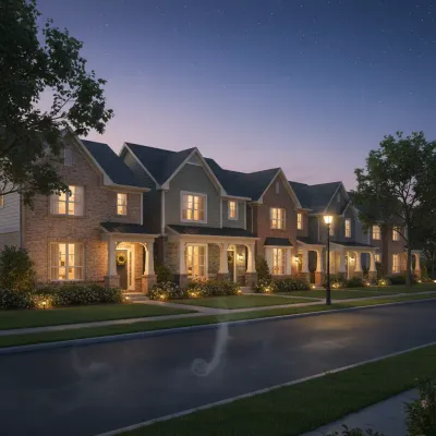 Modern suburban homes at dusk with lights on, representing rental income properties and positive cash flow property investing in Australia