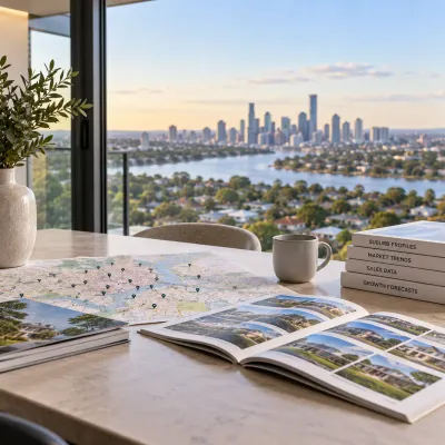 Brisbane suburb research spread across maps, property photos and market reports, representing the overwhelm of comparing too many suburbs and too much data without making a decision.