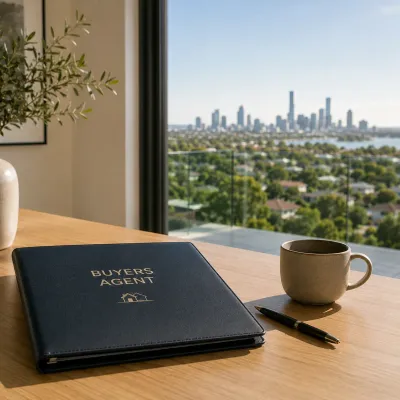 Premium buyers agent portfolio on a clean desk overlooking Brisbane, representing the professionalism, market knowledge and trusted expertise of a top Queensland buyers agent