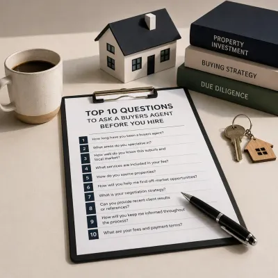 Buyers agent checklist on a clipboard beside a model house, property keys and investment books, showing key questions to ask before hiring.