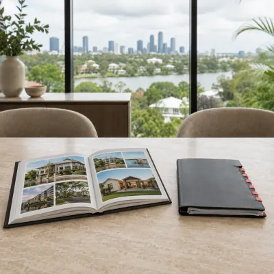 Open property photo album beside a flagged buyer’s agent file, representing warning signs to review before choosing a buyers agent.