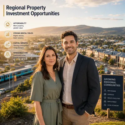 Australian couple exploring regional property investment opportunities in a growing town with homes, infrastructure, and growth.