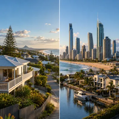 Split view comparing the Sunshine Coast’s relaxed leafy coastal suburbs with the Gold Coast’s high-rise beachfront and canal homes under contrasting coastal weather conditions.