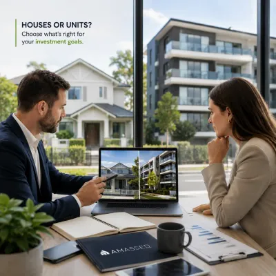 Property investment consultation comparing houses and units, with a professional advisor guiding an investor through growth and rental yield options in a modern office setting.