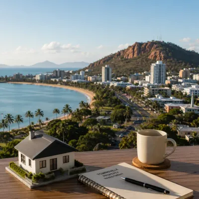 Model house, investment notebook and coffee overlooking Townsville’s coastline, city skyline and Castle Hill for a 2026 property investment guide.